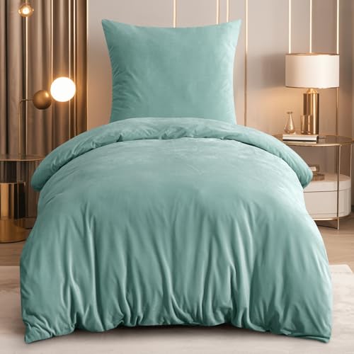 RUIKASI Flanell Winter Bettwäsche 135x200 Hellgrün Warm WinterBettwäsche – Ansicht 1