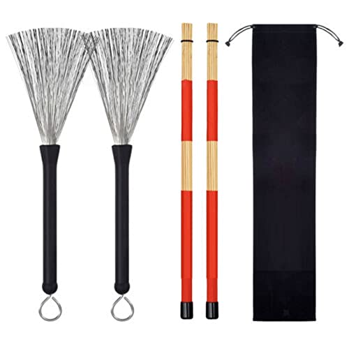 Drumstick Brushes Set, Stainless Steel Drum Wire Brushes with Drumstick and Storage Bag for Kids, Adults, Rock Band, Jazz Folk Students