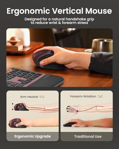 Image of ProtoArc EM11 NL Wireless Ergonomic Vertical Mouse, Rechargeable, Wine Red | 58 vertical design supports a natural wrist posture, connect 3 devices via Bluetooth /2.4G USB-A, 500mAh USB-C rechargeable.