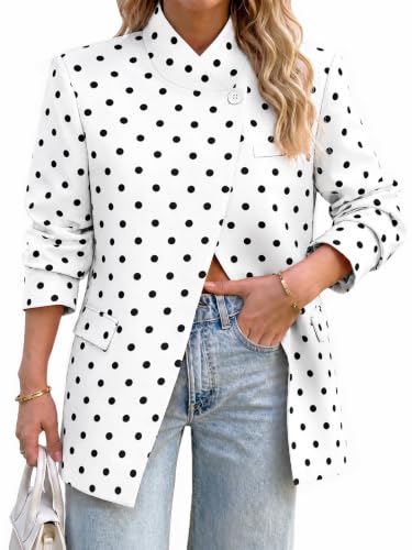Tankaneo Womenss Polka Dot Blazers Business Casual Stand Collar Suit Jacket | Open front, Long Sleeve, Work Office, Symmetrical One Button, Fall Winter Vintage Suit Blazer, Flap Pockets, Trendy