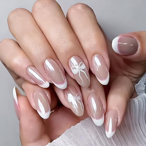 French Press-on False Nails Bow Pearl Medium Wearable Fake Nails, 24 PCS, Gifts for Women and Girls (34)