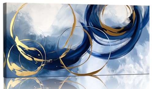 Abstract Wall Art Nave Blue Modern Canvas Pictures Art Print Gold Contemporary Artwork Painting Decor for Living Room Bedroom Home Office Decorations(20'x40')