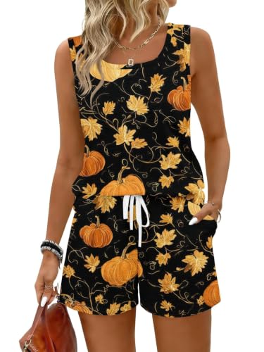 Womens Pajama Sets Halloween Sleeveless Tank Tops with Shorts 2 Piece Spooky Season Clothes Holiday Casual Outfits（3-Dark Gray,XXL）