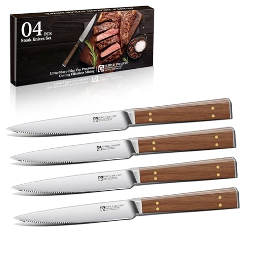 Purple Dragon Serrated Steak Knives Set of 4 - High Carbon German Steel Steak Knife Set with Square Wooden Handle - Effortless Cutting - Christmas Gift for Men and Women
