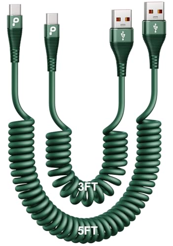 USB C Cable Fast Charging 60W 3FT/5FT, Coiled USB A to USB C Cable for Car