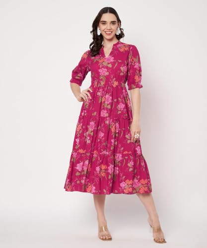 Image of PIDAVLIYA'S Women's Cotton Floral Printed Midi Dress | V-Neck Fit & Flare Dress with Puff Sleeves | Casual Summer Wear