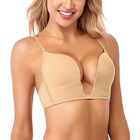 JOATEAY Women's Deep U Plunge Bra Sexy Convertible Low Cut Wireless Light Padded Bra Cleavage Enhancer (40D, Nude) Cover