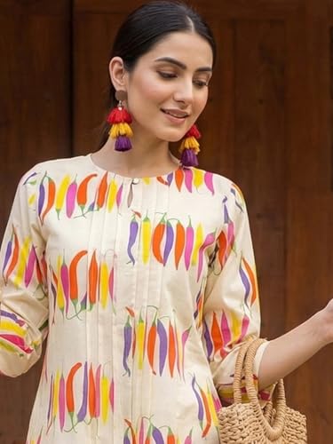 Image of INDO ERA Women Cotton White Printed Straight Kurta Pant Set
