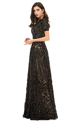 Women's Short Sleeves Sequins A-Line Formal Evening Dress4