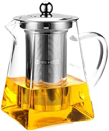 TOYO HOFU 20OZ/600ML Clear Borosilicate Square Glass Teapot with Stainless Steel Infuser Strainer for Blooming Loose Leaf Tea,Microwavable and Stovetop Safe,Ideal Gift for Tea Lover