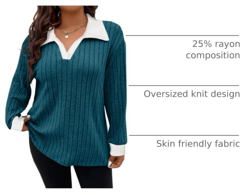 Image of Koscacy Women Plus Size Casual Knit Sweater Lapel V Neck Solid Color Tops Lightweight Long Sleeve Blouses