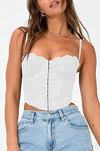 Dealmore Womens Lace Spaghetti Strap White Corset Top Sexy Mesh Y2K Backless Bustier Push Up Party Going Out Crop Tops #TOP1