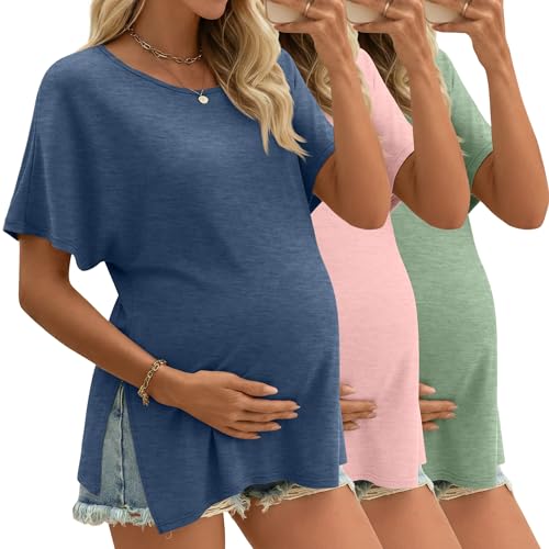 Riyiper 3 Pack Women's Maternity Tunic Shirts Cotton Summer Pregnancy Clothes Loose Oversized Split Side Blouse Tops(Gray Blue, Light Pink, Light Green,Large)