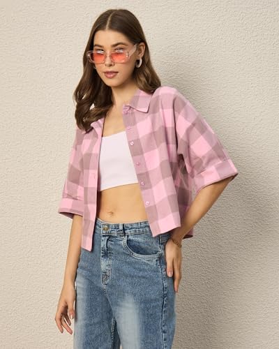 Image of Chimpaaanzee Women Checks Half Sleeve Crop Shirt