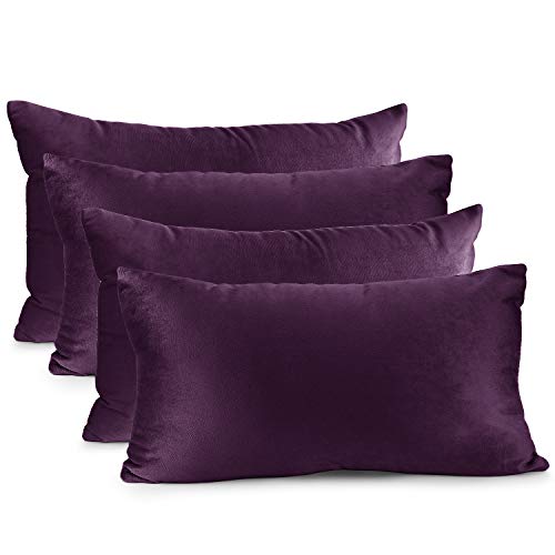 Nestl Throw Pillow Covers, Cozy Velvet Decorative Pillow Covers 12x20 Inches, Soft Solid Couch Pillow Covers for Sofa, Bed and Car, Set of 4 - Eggplant Purple