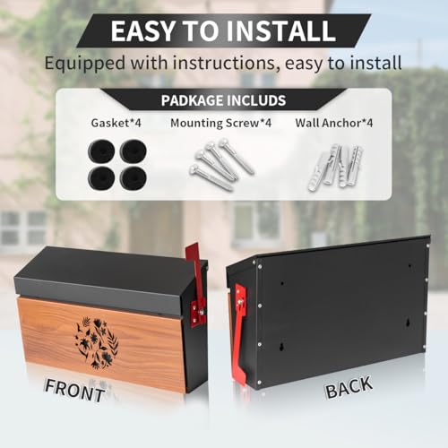 Ydocabinit Wall Mount Mailbox, Large Capacity Mailbox for House Outside with Flag Kit Galvanized Steel Rust-Proof Metal Post Drop Box, 15.74\"×9.84\"×4.33\" Flower Hollowed Wooden Patterned Metal Sheet - Thumbnail 4