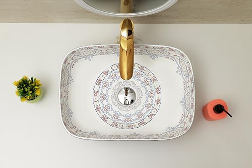 Image of Moroccan Design Ceramic Tabletop Wash Basin | Countertop Vessel Sink | Wash Basin over counter For Bathroom Hotel Home (18x13x5.5 Inch) (TORO 4014) (Moroccan Design 108)