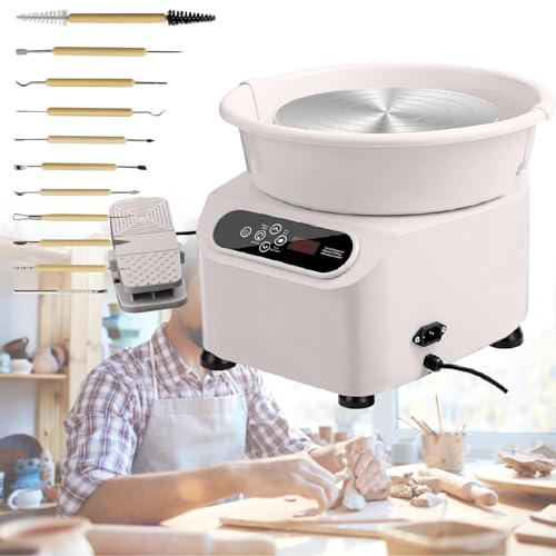 Torno de cerámica eléctrico con Pedal Ajustable y Cuenco extraíble para cerámica, Herramienta Manualidades de Bricolaje, Tanto para Principiantes como para Profesionales (Blanco, 220 V)