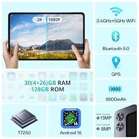 12 Zoll Tablet mit Android 16, 2K Display (2000×1200), 30GB RAM (4+26) + 128GB Speicher, Octa-Core Prozessor, 8800mAh Akku, Widevine L1, Dual WiFi 2.4/5GHz, Bluetooth 5.0, GPS, 13MP Kamera – Ansicht 2