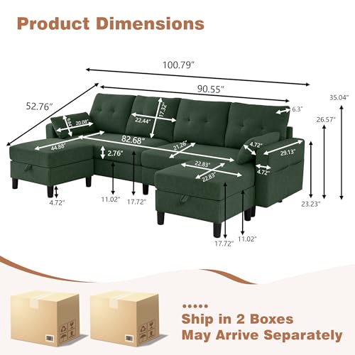 Image of 101 inch Sectional Sofa U Shaped Couch with Storage Ottomans, 4 Seater Convertible Couches for Living Room | Linen Fabric | 2 Movable Ottoman Reversible Chaises | Sectional Couch Set, Green