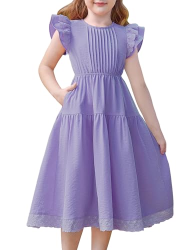 GRACE KARIN Girls Summer Dress Flutter Sleeve Lace A-Line Sundress Casual Elegant Midi Dresses with Pockets for 5-12 Years