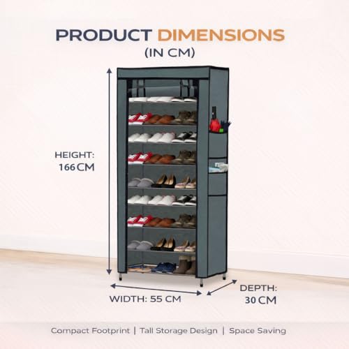 Image of Metal Shoe Stand with Cover, 9 Tier Shoe Organiser for Home & Office - Grey