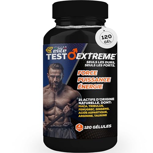 Italian Elite Testo Extreme Elite 120 caps Booster Stimulant Énergie 21 ingrédients Maca, Tribulus, Fenugrec, Zinc, Arginine, Taurine, Ashwagandha, Vitamines et...