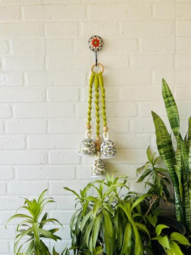 Image of RHD Macrame Symphony | 3 Multicolour Ceramic Bells (5 Inch) | Handmade Macrame Wall Hanging | Wind Chime for Home Decor | Includes Hand-Painted Ceramic Hook (Green)
