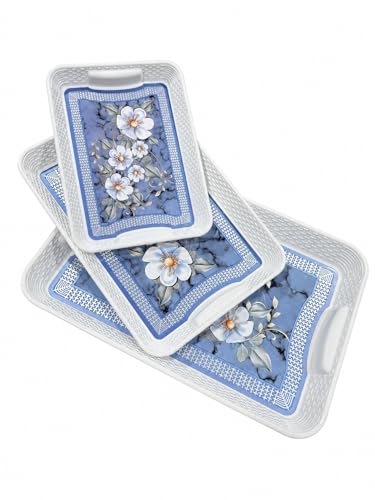 Image of 3 Pcs Plastic Serving Tray Set with Handle | Multipurpose Tea Snacks Breakfast Tray | Floral Printed Rectangular Serving Trays for Kitchen & Home (Blue Flower)