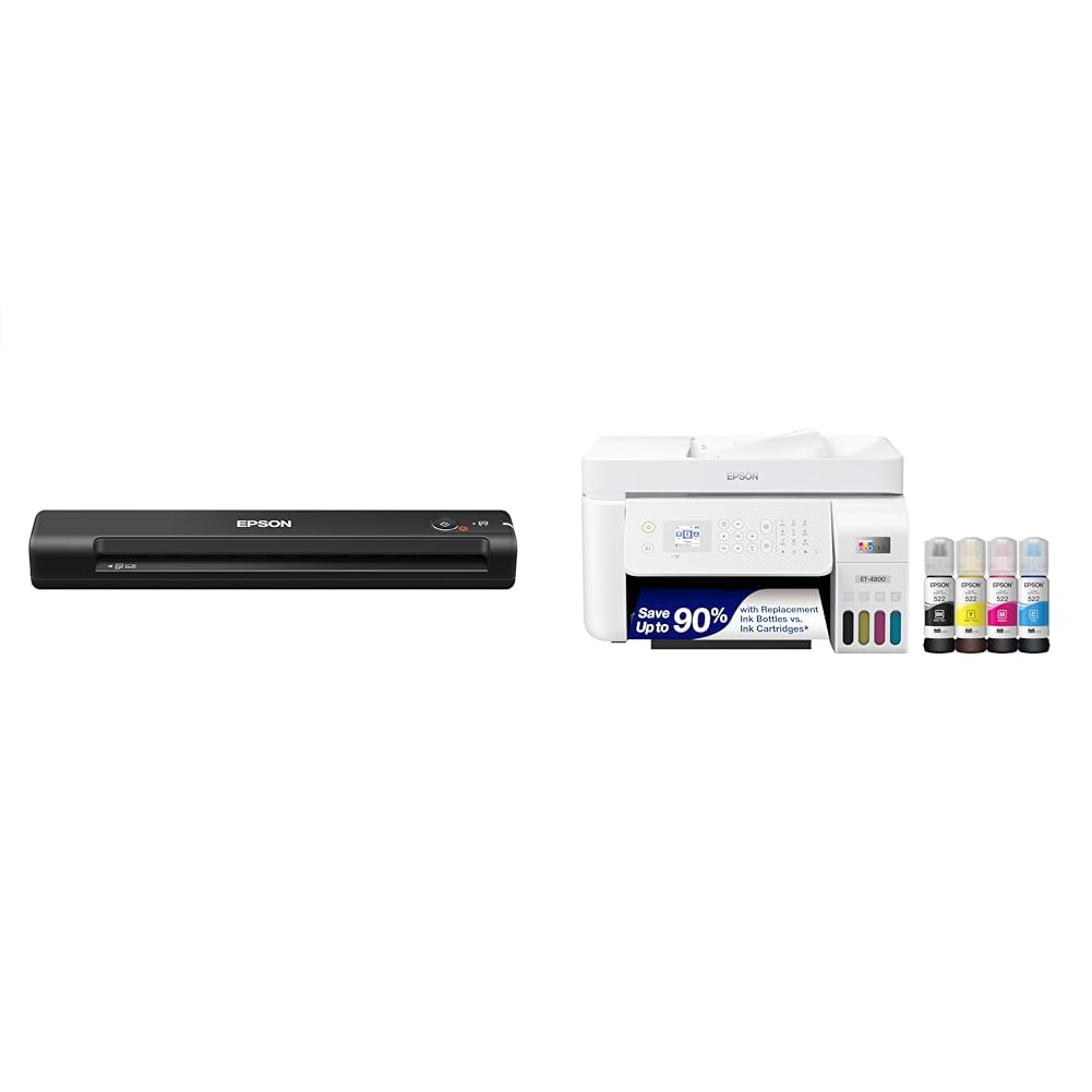 Epson Workforce ES-50 Portable Sheet-Fed Document Scanner for PC and Mac &amp; EcoTank ET-4800 Wireless All-in-One Cartridge-Free Supertank Printer
