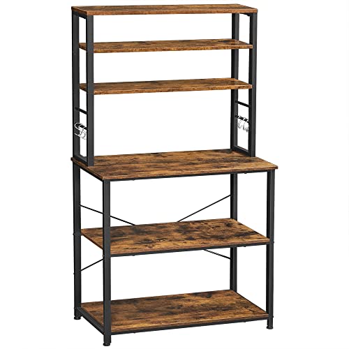 VASAGLE Coffee Bar, Baker’s Rack for Kitchen with Storage, 6-Tier Kitchen Shelves with 6 Hooks, Microwave Stand, Industrial, 15.7 x 31.5 x 65.7 Inches, Rustic Brown and Black UKKS019B01