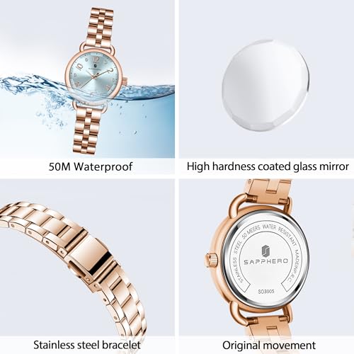 Image of Sapphero Ladies Watch Easy to Read Wristwatch, Women's Quartz Watch with Stainless Steel Strap, 5 ATM Waterproof, Classic Elegance Women Business Waterproof Watch