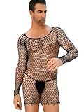 Kaei&Shi Fishnet Top,Hollow Out Long Sleeve Sheer Shirt,Sexy Lingerie for Men Date Night Club Party Black One Size Fits All