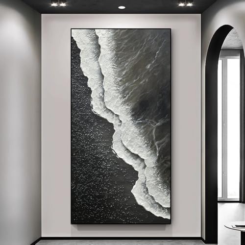 Quadro Contemporaneo Dipinto A Mano Di Grandi Dimensioni - Maree Astratte In Bianco E Nero Fatte A Mano Su Tela Senza Cornice Pittura A Olio Versione Verticale, Pittura A Olio Decorazione Artistica