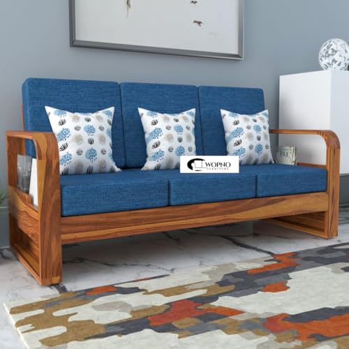 Image of Solid Sheesham Wooden 3 Seater Sofa for Living Room | Sofa with Side Pocket Storage & Cushion | Rosewood Sofa Set for Home (Honey with Blue Cushion, 3 Seater)
