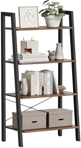 Narrow wooden ladder bookshelf with four shelves.