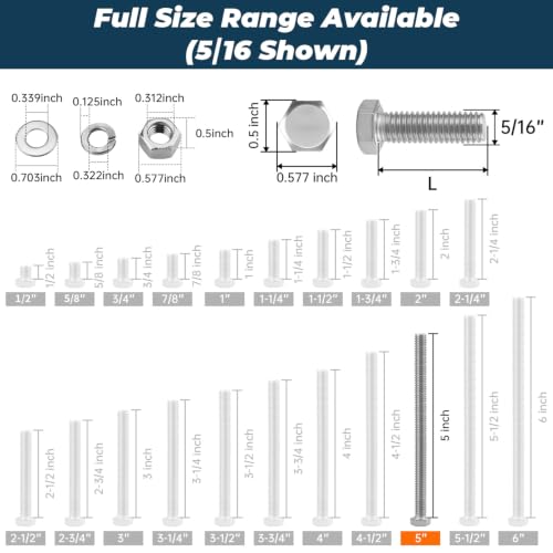Image of 8 Sets Glvaner 5 /16-18 x 5 inch Stainless Steel Hex Head Screws Bolts, Nuts, Flat & Lock Washers, 18-8 (304) Stainless Steel, Full Thread, Coarse Thread