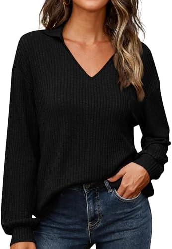 KIRUNDO Long Sleeve Shirts for Women 2025 Fall Fashion Outfits Going Out Tops Collar V Neck Blouses Ribbed Knit Loose Tunic