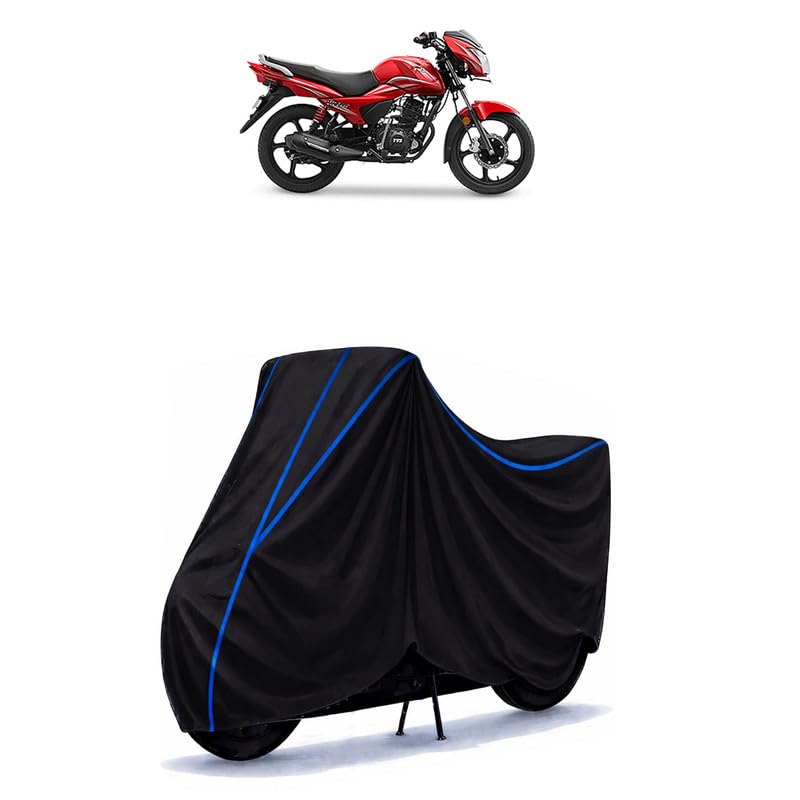 Image of TVS Victor Disc Bike Cover Water Resistant Universal Motorcycle Rain | Heavy Duty UV Protection, Dust, Scratch Indoor Outdoor All Weather with Black Blue Piping Elastic