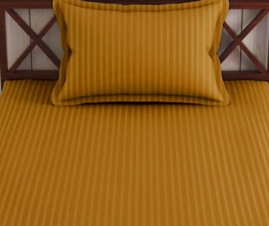 Image of Trance Home Linen 100% Cotton 72X30 Inch Single Fitted 200TC Satin Stripe Elastic Fitted Bedsheet|Single Bed Size Daily Use Fitted Bedspread With 1 Pillow Covers(72 inchX30 inch|6X2.5 Feet,Mustard Yellow)