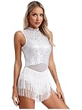 MSemis Vestido de Danza Latina para Mujer Maillot Lentejuelas de Flecos de Patinaje Artístico Vestido de Baile Latino Salsa Samba Rumba Cha-cha S-XXL Blanco M