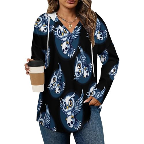 Owl And Skull Hoodies for Women V Neck Pullover Sweatshirts Long Sleeve Shirts Fashion Tops