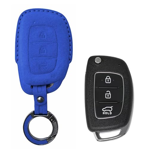 Image of KMH Alcantara Car Key Cover Compatible Hyundai Grand i10 NIOS Asta | Venue | i20 | Aura | Creta | Elantra 3 Button Shell Case Holder Full Key Protector Keycover with Keychain (D1) Blue - Pack of 2