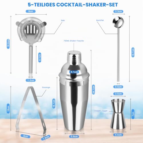 Foto von Cocktail Shaker Set, 5 Stück Edelstahl Cocktail Bar Cocktailshaker Kit mit Rezeptbuch, 750 ML Premium Barkeeper Set mit Messbecher und Barlöffel Cocktail Starter Set für Zuhause, Bar