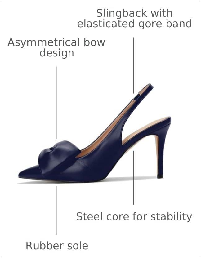 Image of Women's Slingback Heels with Bow Leather Pointed Toe Pumps with Elasticated Strap 3.3 inch High Heels Evening Comfy Dress Shoes Navy Blue Size 9.5