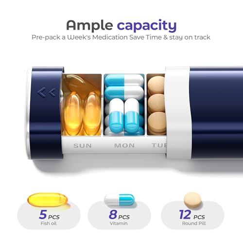 Image of Betife Travel Pill Organizer Weekly 7 Day, Compact Daily Pill Box, Portable Medicine Case for Vitamins Supplements, Drawer-Shaped (Dark Blue)