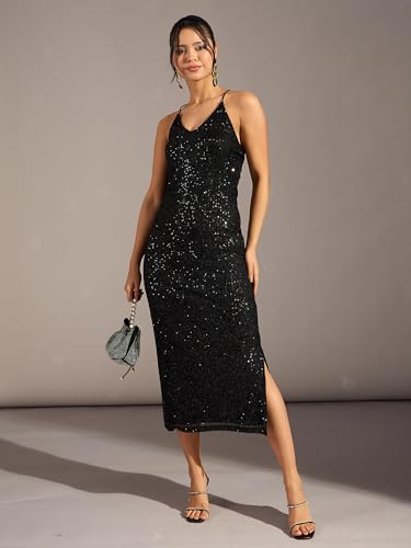 Image of barcino Black Sequin Strappy Midi Dress