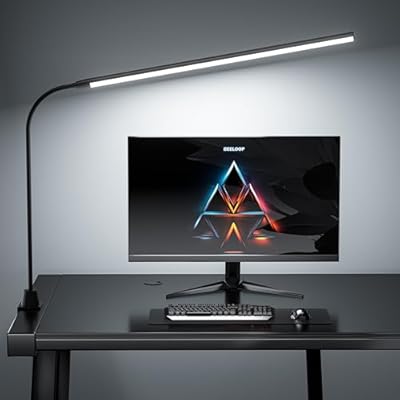deeloop LED Clip-on Reading Light, 20" Ultra-Long Chips Bright Desk Lamp, 10%-100% Stepless Dimming & 3 Color Modes Office Lamp with 360 Head Rotation Memory Function Clamp Light
