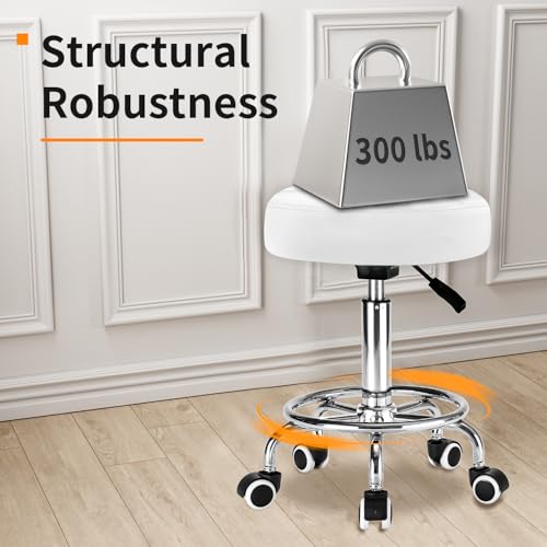 Image of Rolling Stool PU Leather Round - Ultra Soft Padded Seat Cushion Stool with Wheels with Footrest, Weight Capacity 300lb,Adjustable Height Stool for Tattoo Massage Salon Medical Spa Center (White)