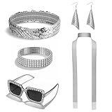 TIESOME Lot de 6 accessoires de costume disco des années 70, pour femme avec bijoux, écharpe à paillettes, bandeau, bracelet, boucles d'oreilles, lunettes de soleil (argenté)